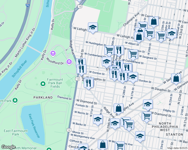 map of restaurants, bars, coffee shops, grocery stores, and more near 3121 West Dakota Street in Philadelphia