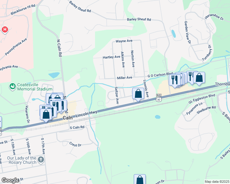 map of restaurants, bars, coffee shops, grocery stores, and more near 150 Seltzer Avenue in Coatesville