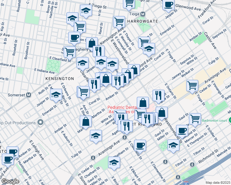 map of restaurants, bars, coffee shops, grocery stores, and more near 3176 Amber Street in Philadelphia