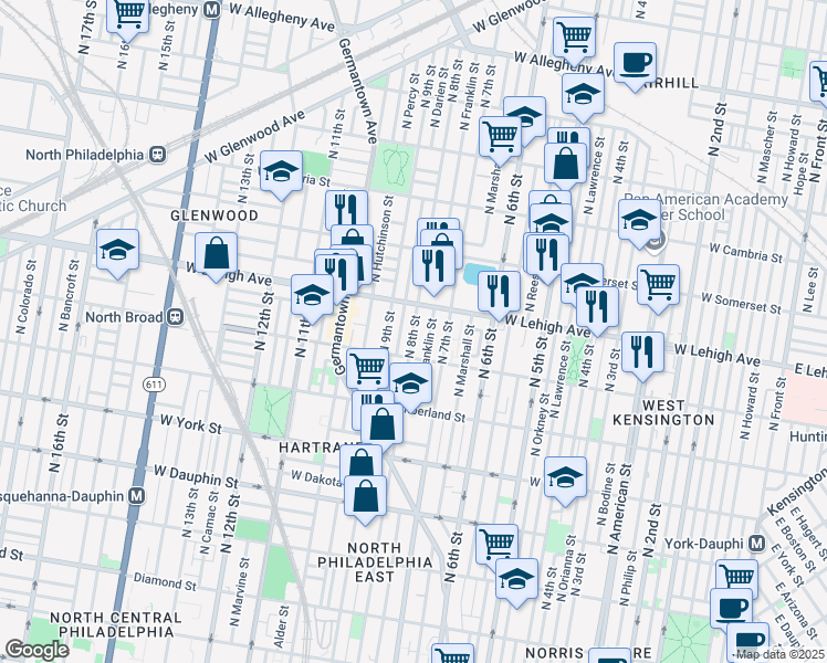 map of restaurants, bars, coffee shops, grocery stores, and more near North 8th Street in Philadelphia