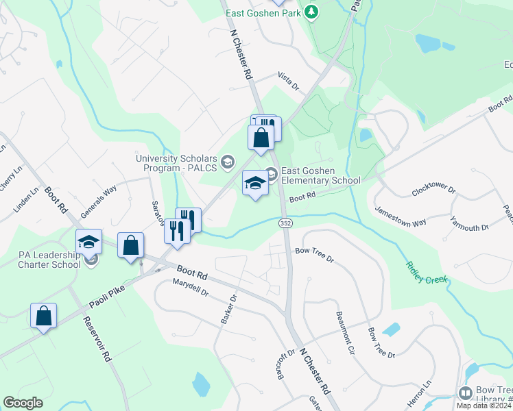 map of restaurants, bars, coffee shops, grocery stores, and more near 800 North Chester Road in West Chester