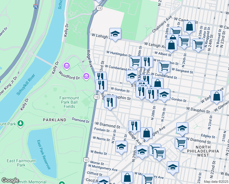 map of restaurants, bars, coffee shops, grocery stores, and more near 3133 West Dakota Street in Philadelphia