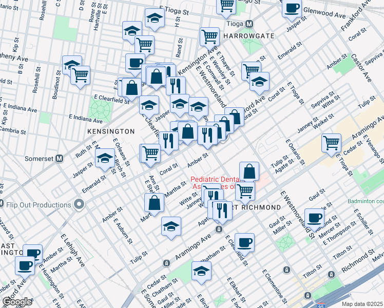 map of restaurants, bars, coffee shops, grocery stores, and more near 2063 East Lippincott Street in Philadelphia