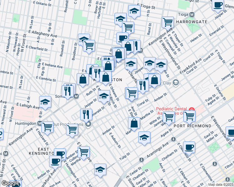 map of restaurants, bars, coffee shops, grocery stores, and more near 1929 East Orleans Street in Philadelphia