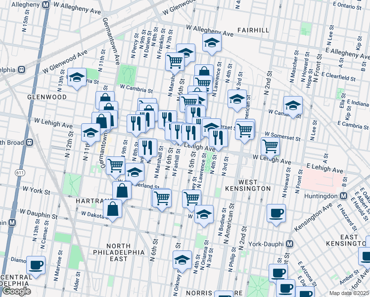 map of restaurants, bars, coffee shops, grocery stores, and more near 516 West Lehigh Avenue in Philadelphia