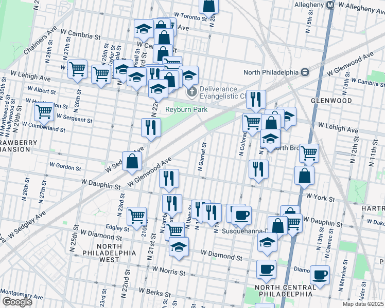 map of restaurants, bars, coffee shops, grocery stores, and more near 2461 North 20th Street in Philadelphia