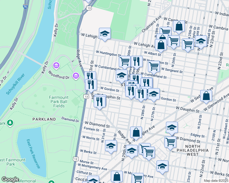 map of restaurants, bars, coffee shops, grocery stores, and more near 3042 West Gordon Street in Philadelphia
