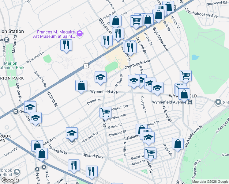 map of restaurants, bars, coffee shops, grocery stores, and more near Wynnefield Ave & N 56th St in Philadelphia