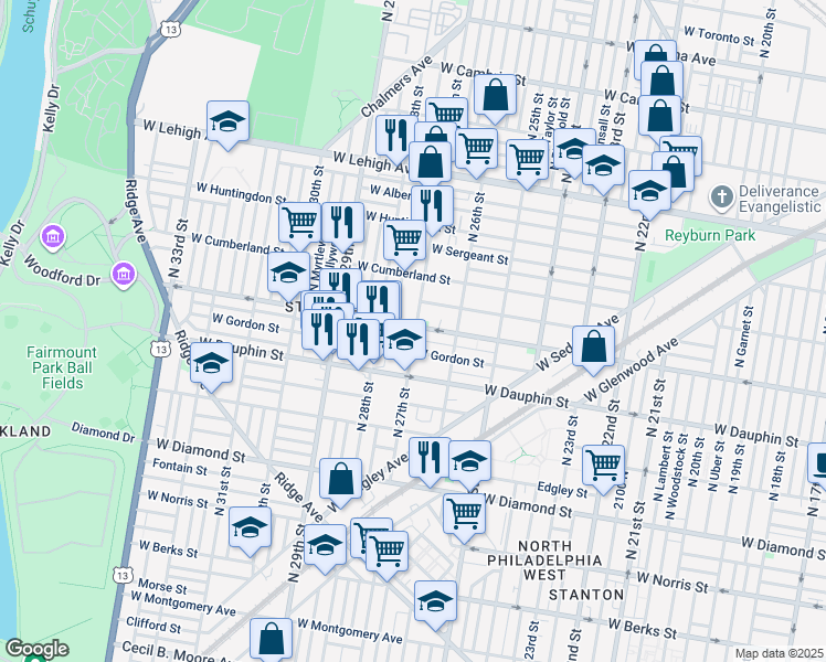 map of restaurants, bars, coffee shops, grocery stores, and more near 2706 West York Street in Philadelphia
