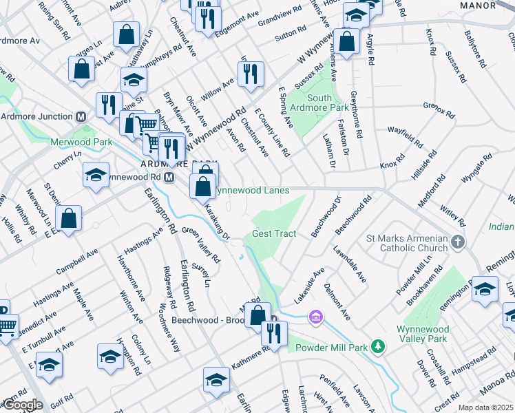 map of restaurants, bars, coffee shops, grocery stores, and more near 2023 Olcott Avenue in Ardmore