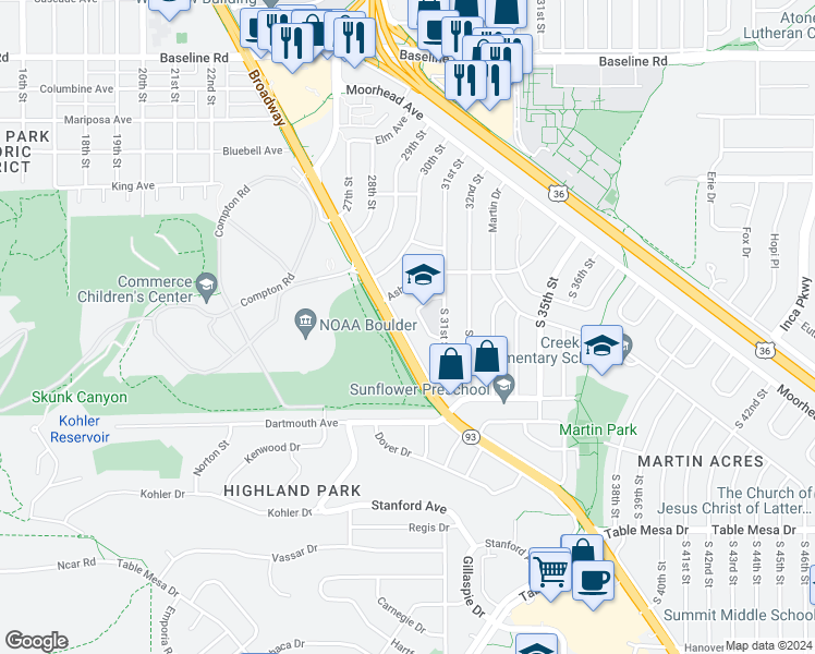 map of restaurants, bars, coffee shops, grocery stores, and more near 60 South Lashley Lane in Boulder