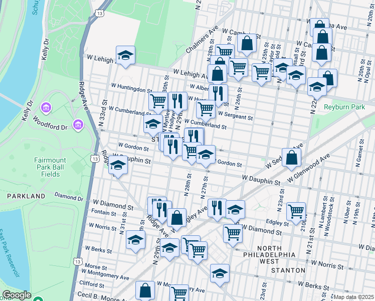 map of restaurants, bars, coffee shops, grocery stores, and more near 2801 West Dauphin Street in Philadelphia