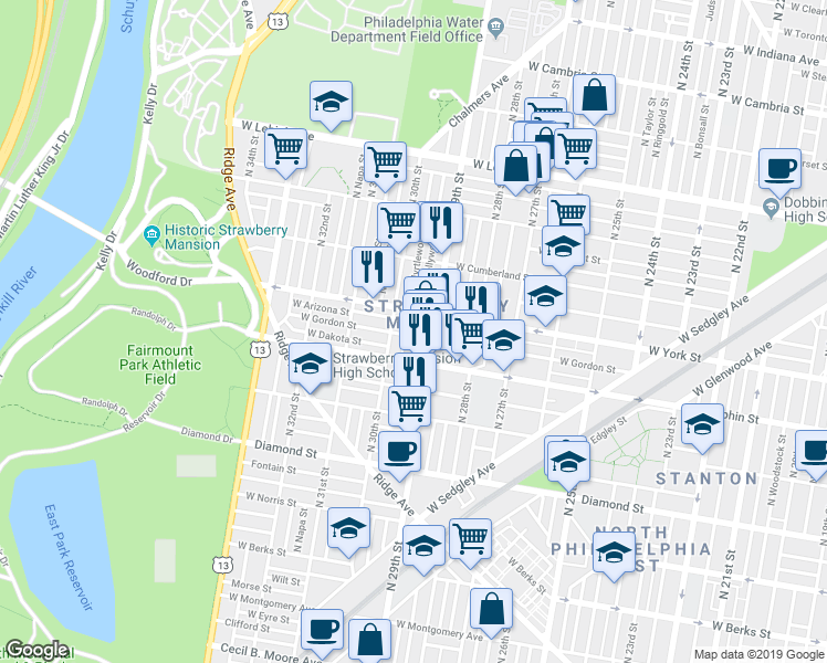 map of restaurants, bars, coffee shops, grocery stores, and more near 2925 West Gordon Street in Philadelphia