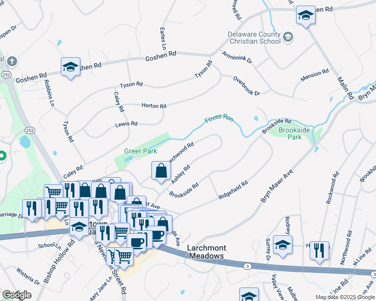 map of restaurants, bars, coffee shops, grocery stores, and more near 135 Beechwood Road in Newtown Square