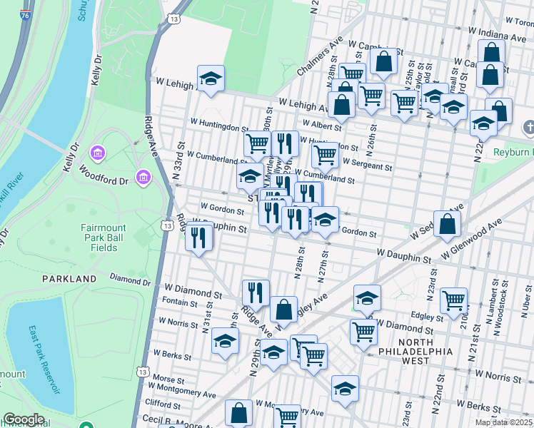 map of restaurants, bars, coffee shops, grocery stores, and more near 2925 West Gordon Street in Philadelphia