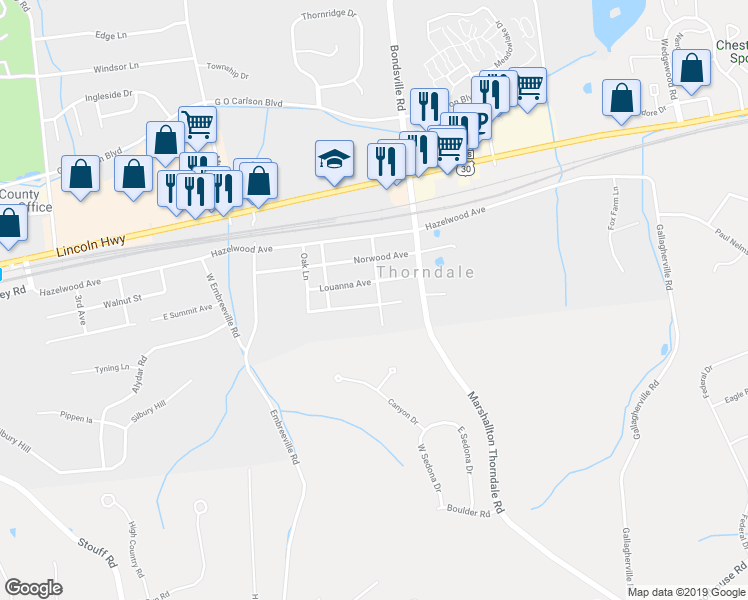 map of restaurants, bars, coffee shops, grocery stores, and more near 3731 Bungalow Glade in Downingtown