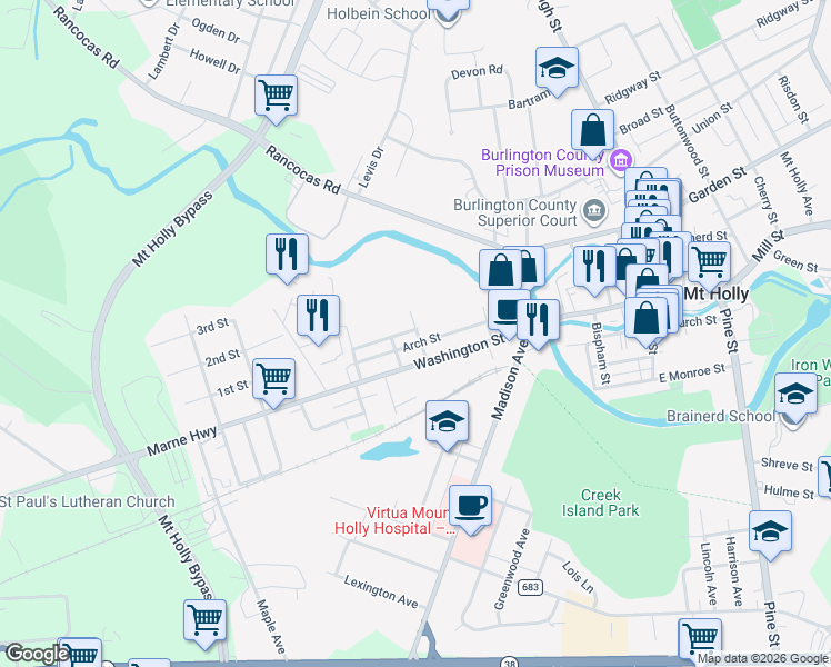 map of restaurants, bars, coffee shops, grocery stores, and more near 209 Washington Street in Mount Holly