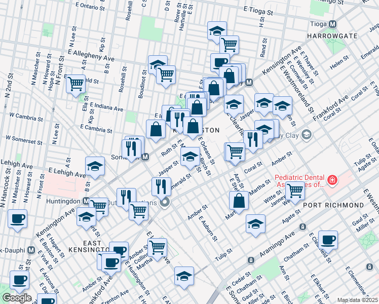 map of restaurants, bars, coffee shops, grocery stores, and more near 1853 East Monmouth Street in Philadelphia