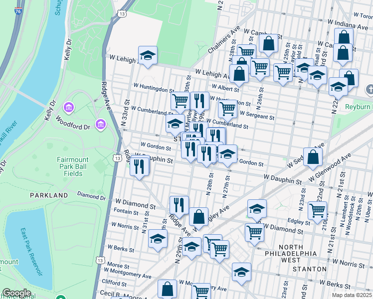map of restaurants, bars, coffee shops, grocery stores, and more near 2927 West Gordon Street in Philadelphia