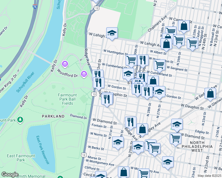 map of restaurants, bars, coffee shops, grocery stores, and more near 3133 West Dakota Street in Philadelphia