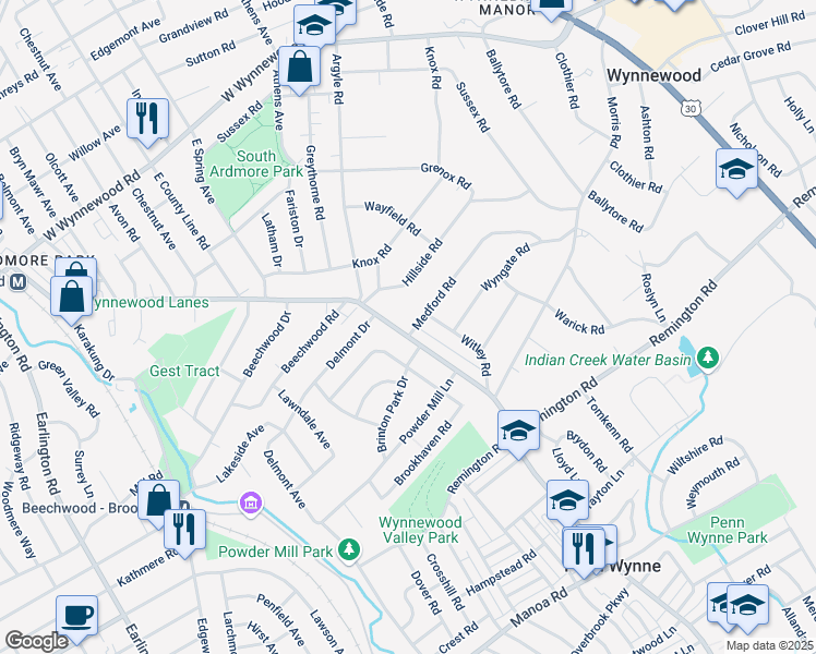 map of restaurants, bars, coffee shops, grocery stores, and more near 439 Haverford Road in Wynnewood