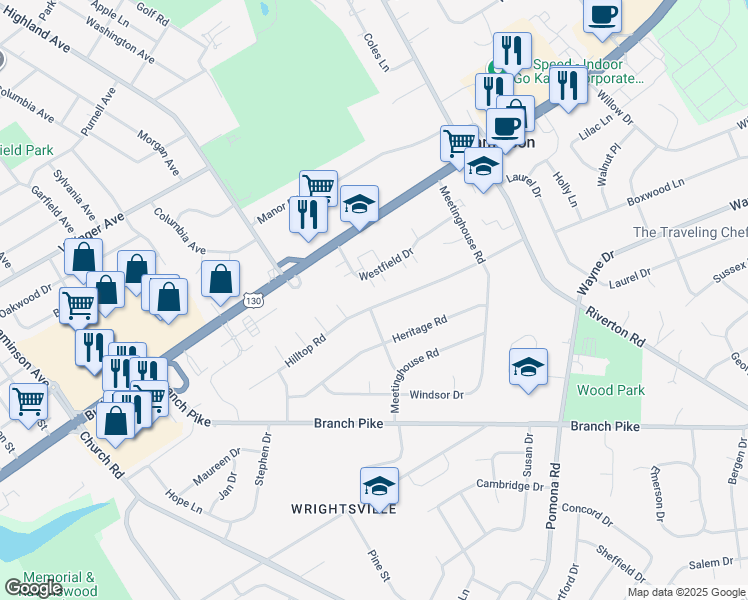map of restaurants, bars, coffee shops, grocery stores, and more near 801 Hilltop Road in Cinnaminson
