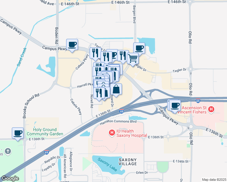 map of restaurants, bars, coffee shops, grocery stores, and more near 13900 Hoard Drive in Noblesville