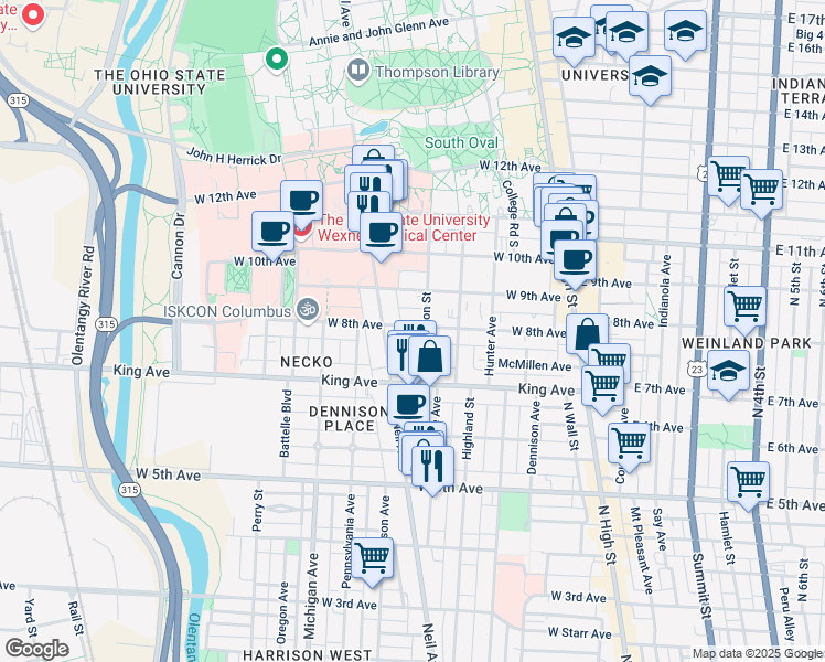 map of restaurants, bars, coffee shops, grocery stores, and more near 229 West 8th Avenue in Columbus