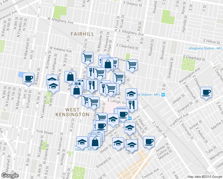 map of restaurants, bars, coffee shops, grocery stores, and more near 38 East Seltzer Street in Philadelphia
