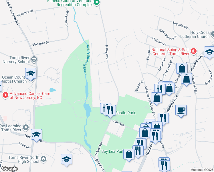 map of restaurants, bars, coffee shops, grocery stores, and more near 804 Columbia Road in Toms River