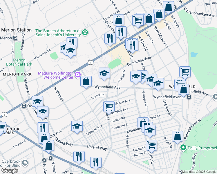 map of restaurants, bars, coffee shops, grocery stores, and more near North 57th Street & Wynnefield Avenue in Philadelphia