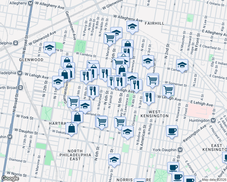 map of restaurants, bars, coffee shops, grocery stores, and more near 2649 North Reese Street in Philadelphia