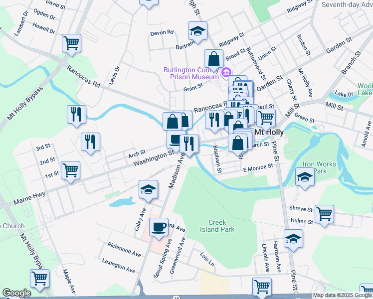 map of restaurants, bars, coffee shops, grocery stores, and more near 19 Madison Avenue in Mount Holly