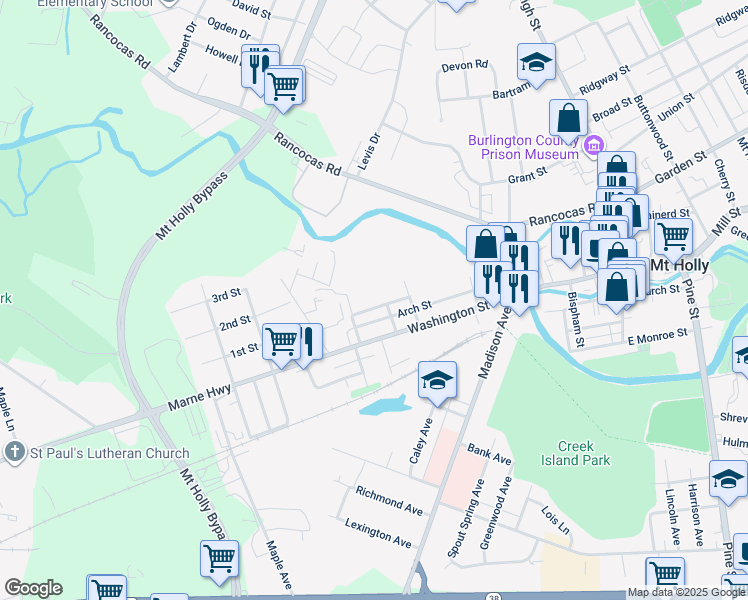 map of restaurants, bars, coffee shops, grocery stores, and more near 244 Chestnut Street in Mount Holly