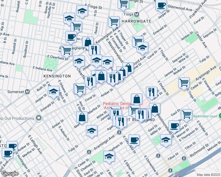 map of restaurants, bars, coffee shops, grocery stores, and more near 2100 East Allegheny Avenue in Philadelphia