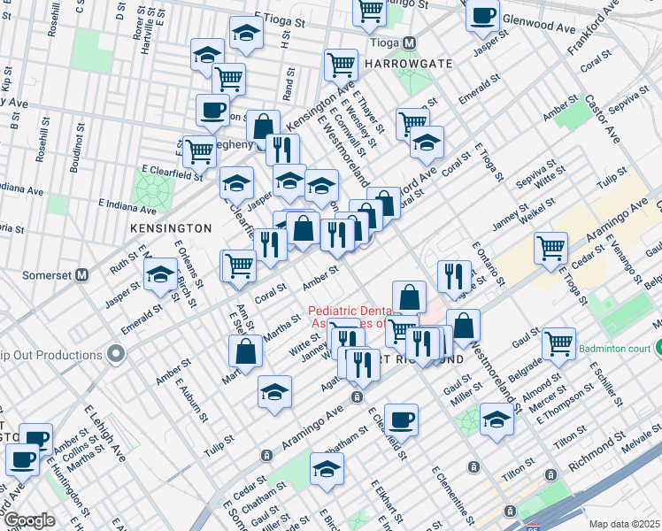 map of restaurants, bars, coffee shops, grocery stores, and more near 3176 Amber Street in Philadelphia