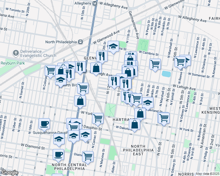 map of restaurants, bars, coffee shops, grocery stores, and more near 2536 North 12th Street in Philadelphia