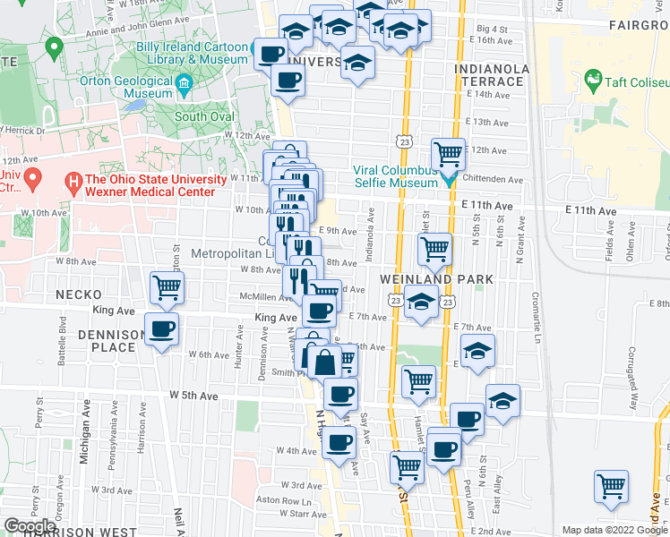 map of restaurants, bars, coffee shops, grocery stores, and more near 80 Euclid Avenue in Columbus