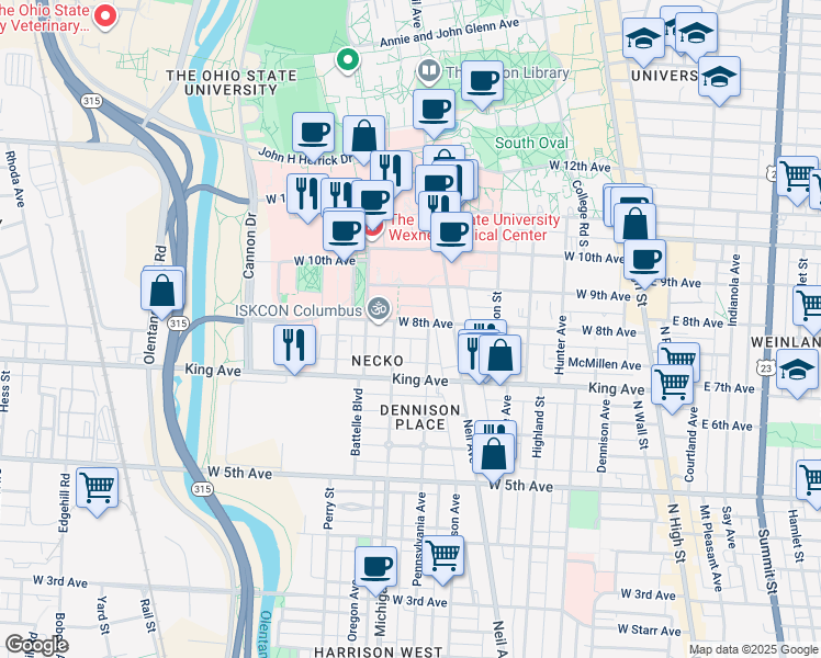 map of restaurants, bars, coffee shops, grocery stores, and more near 1484 Michigan Avenue in Columbus