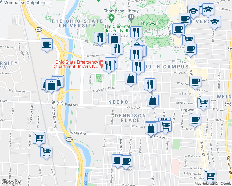 map of restaurants, bars, coffee shops, grocery stores, and more near 1498 Belmont Avenue in Columbus