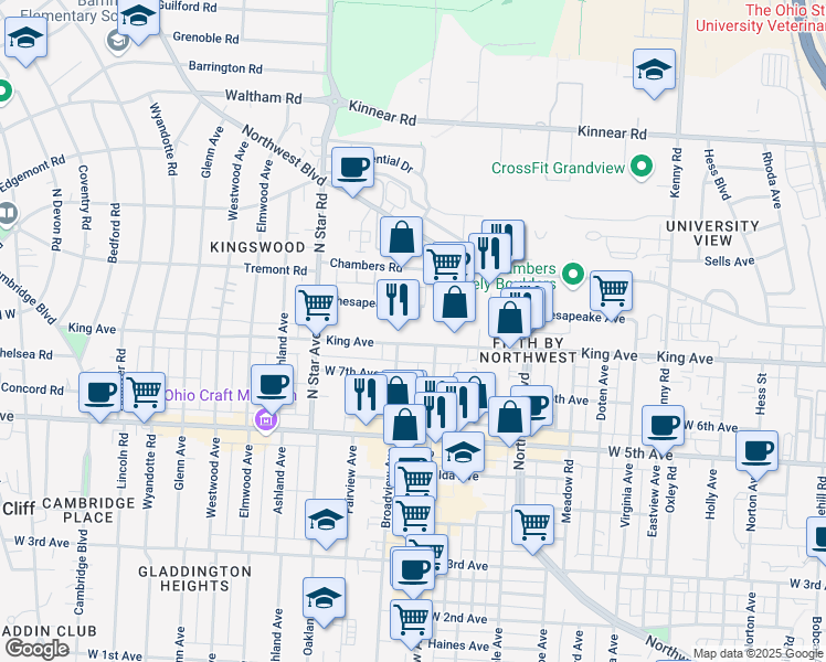 map of restaurants, bars, coffee shops, grocery stores, and more near 1635 Grandview Avenue in Columbus