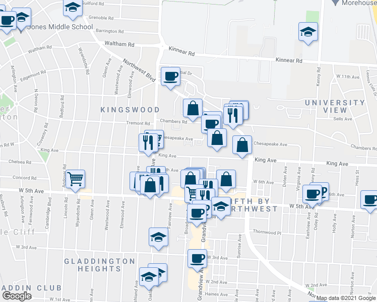 map of restaurants, bars, coffee shops, grocery stores, and more near 1459 King Avenue in Columbus