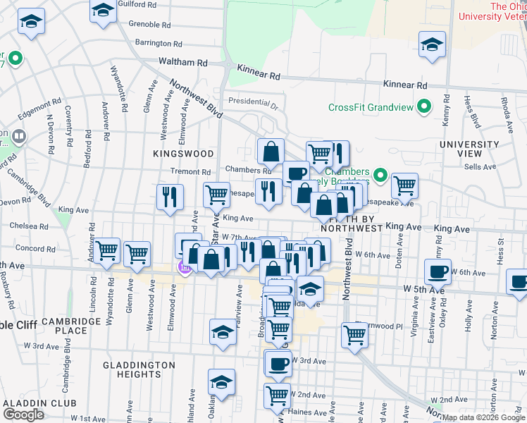 map of restaurants, bars, coffee shops, grocery stores, and more near 1459 King Avenue in Columbus
