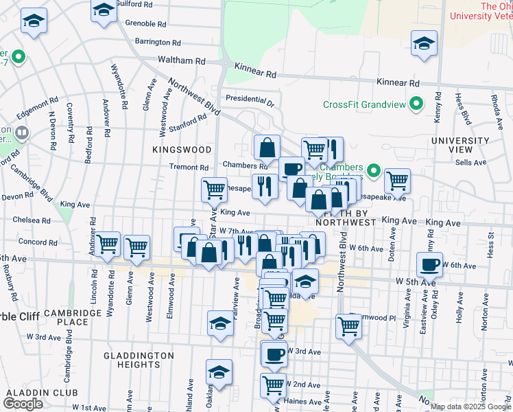 map of restaurants, bars, coffee shops, grocery stores, and more near 1459 King Avenue in Columbus