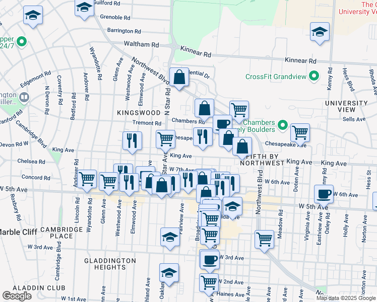map of restaurants, bars, coffee shops, grocery stores, and more near 1513 King Avenue in Columbus