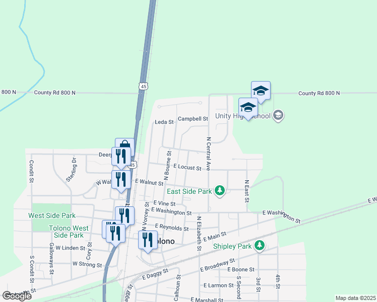 map of restaurants, bars, coffee shops, grocery stores, and more near 609 North Calhoun Street in Tolono