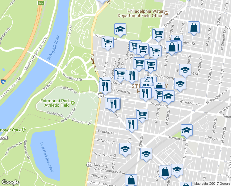 map of restaurants, bars, coffee shops, grocery stores, and more near 3145 West Dakota Street in Philadelphia