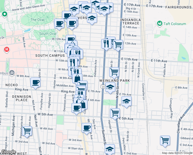 map of restaurants, bars, coffee shops, grocery stores, and more near 1393 Peters Alley in Columbus
