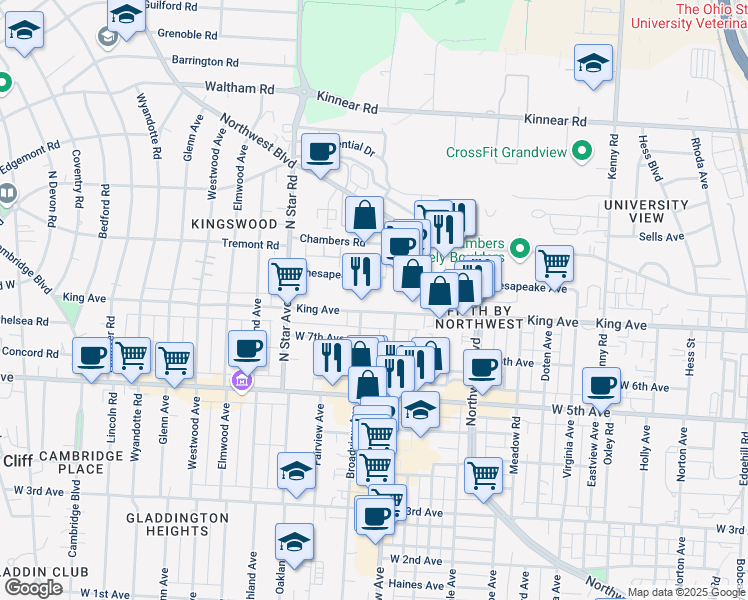 map of restaurants, bars, coffee shops, grocery stores, and more near 1635 Grandview Avenue in Columbus
