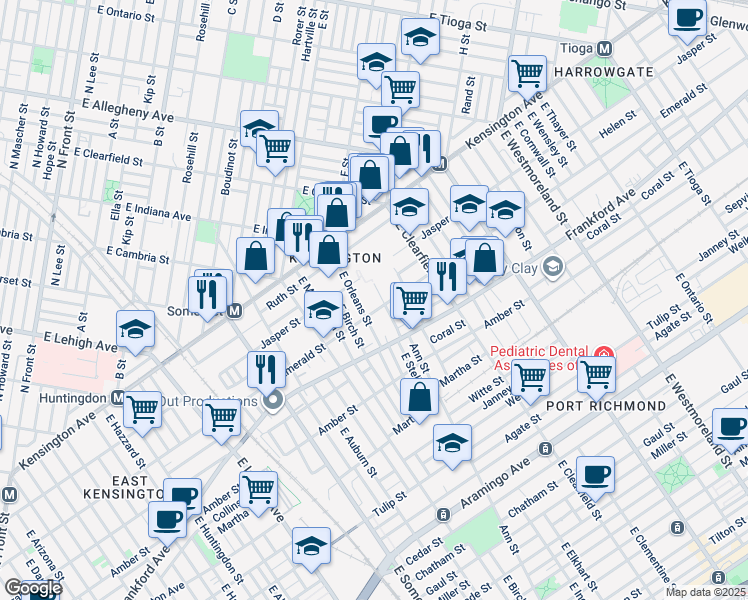 map of restaurants, bars, coffee shops, grocery stores, and more near 1950 East Stella Street in Philadelphia